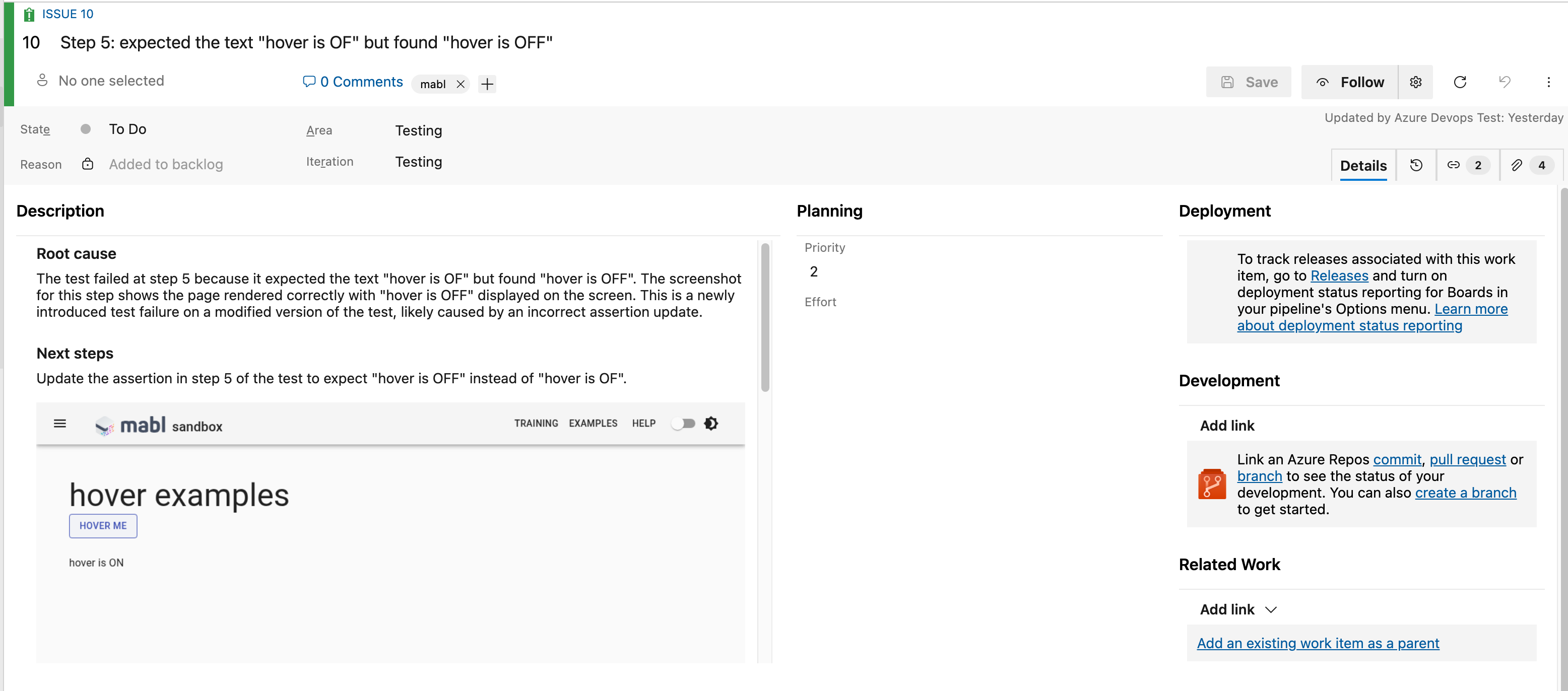 A work item in Azure Boards created from a failed run, showing the description and attachments