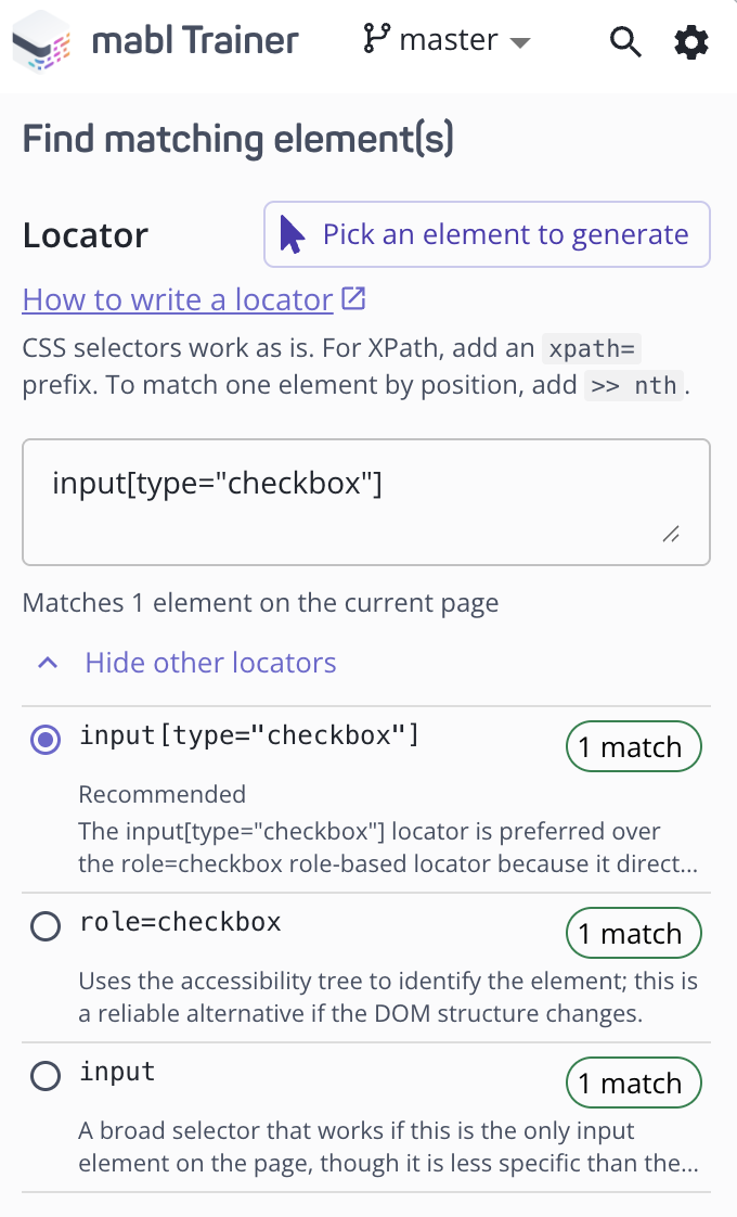 The custom find editor with the other-locators list open