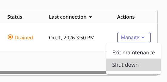 The Manage menu of a drained agent, with Shut down highlighted