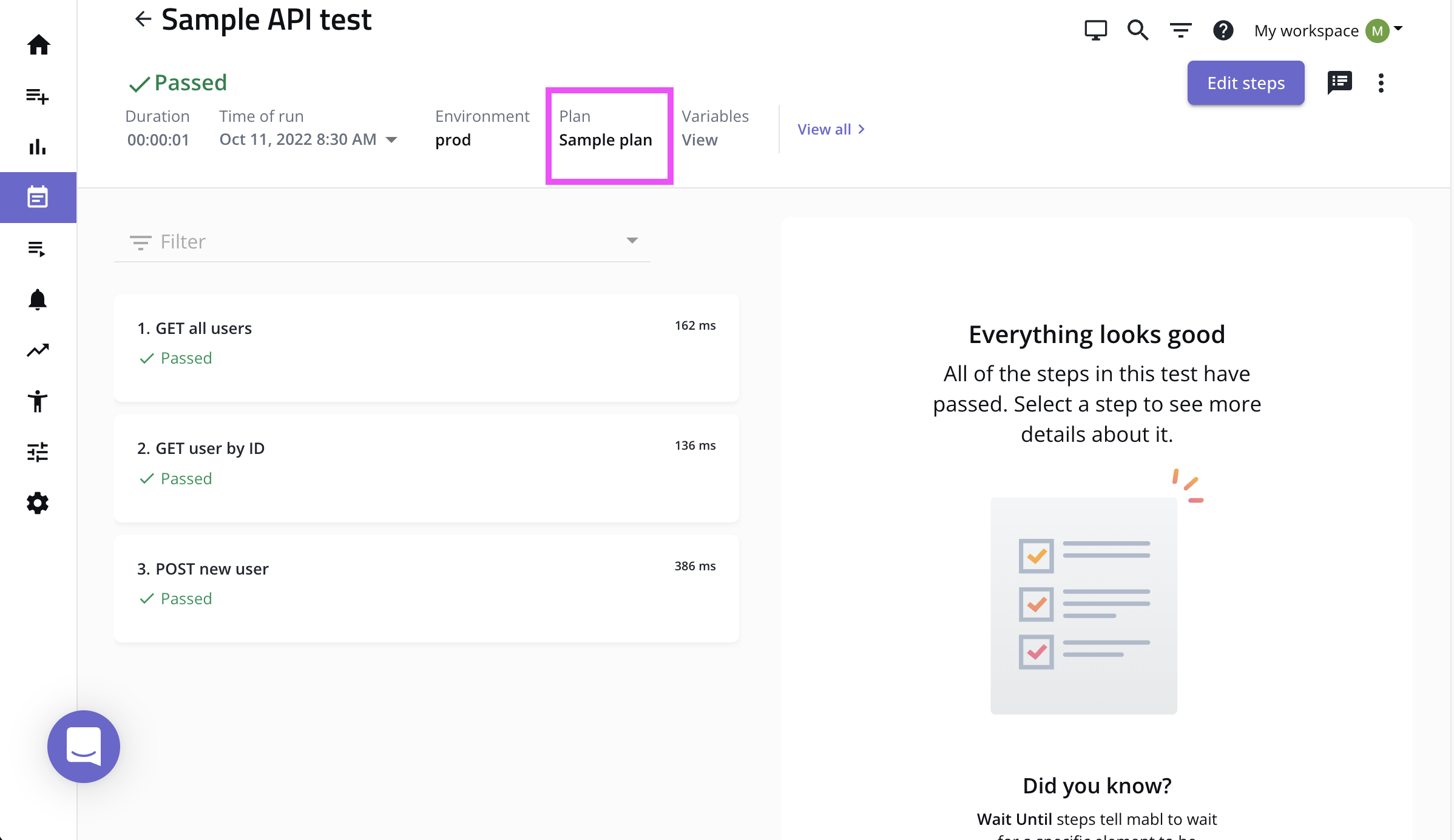 Identifying the plan on the Test Output page