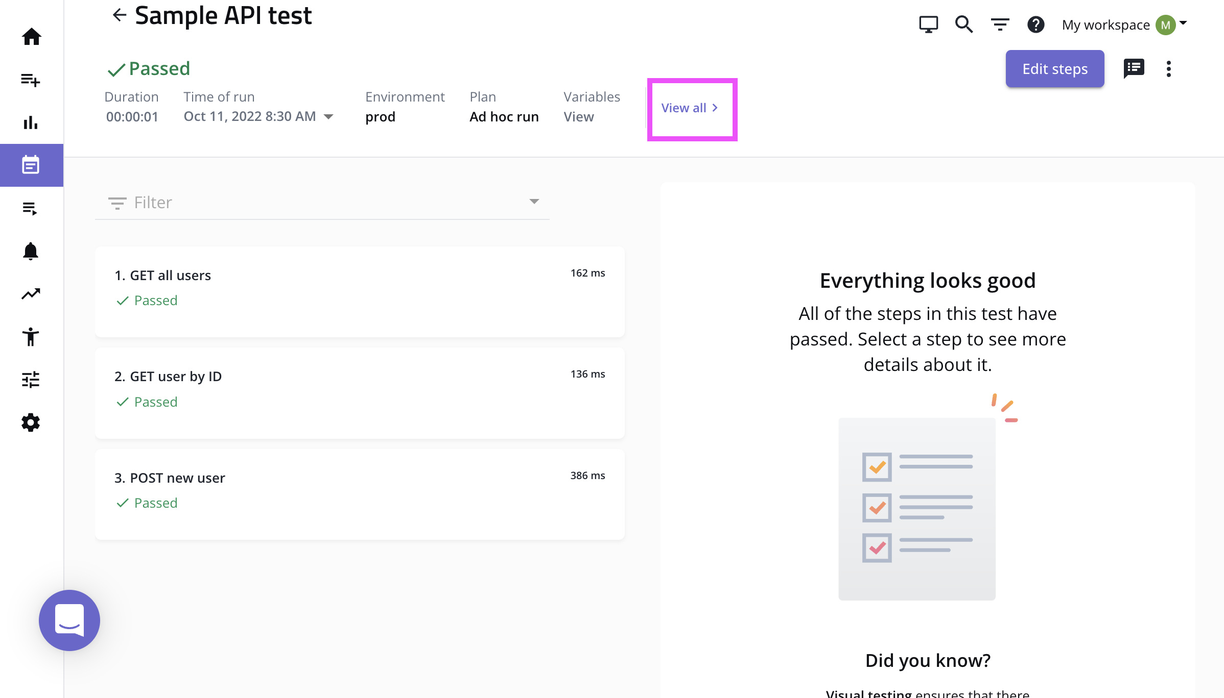 Viewing settings for an ad-hoc run