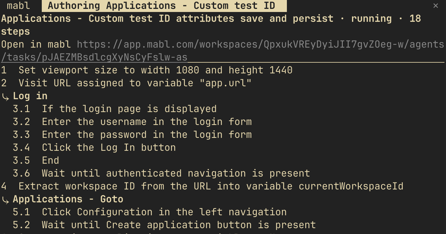 A mabl agent session tab showing the test's steps, with the Log in flow and its steps expanded