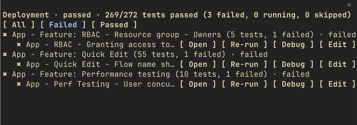 A deployment tab filtered to failed tests, each with Open, Re-run, Debug, and Edit buttons