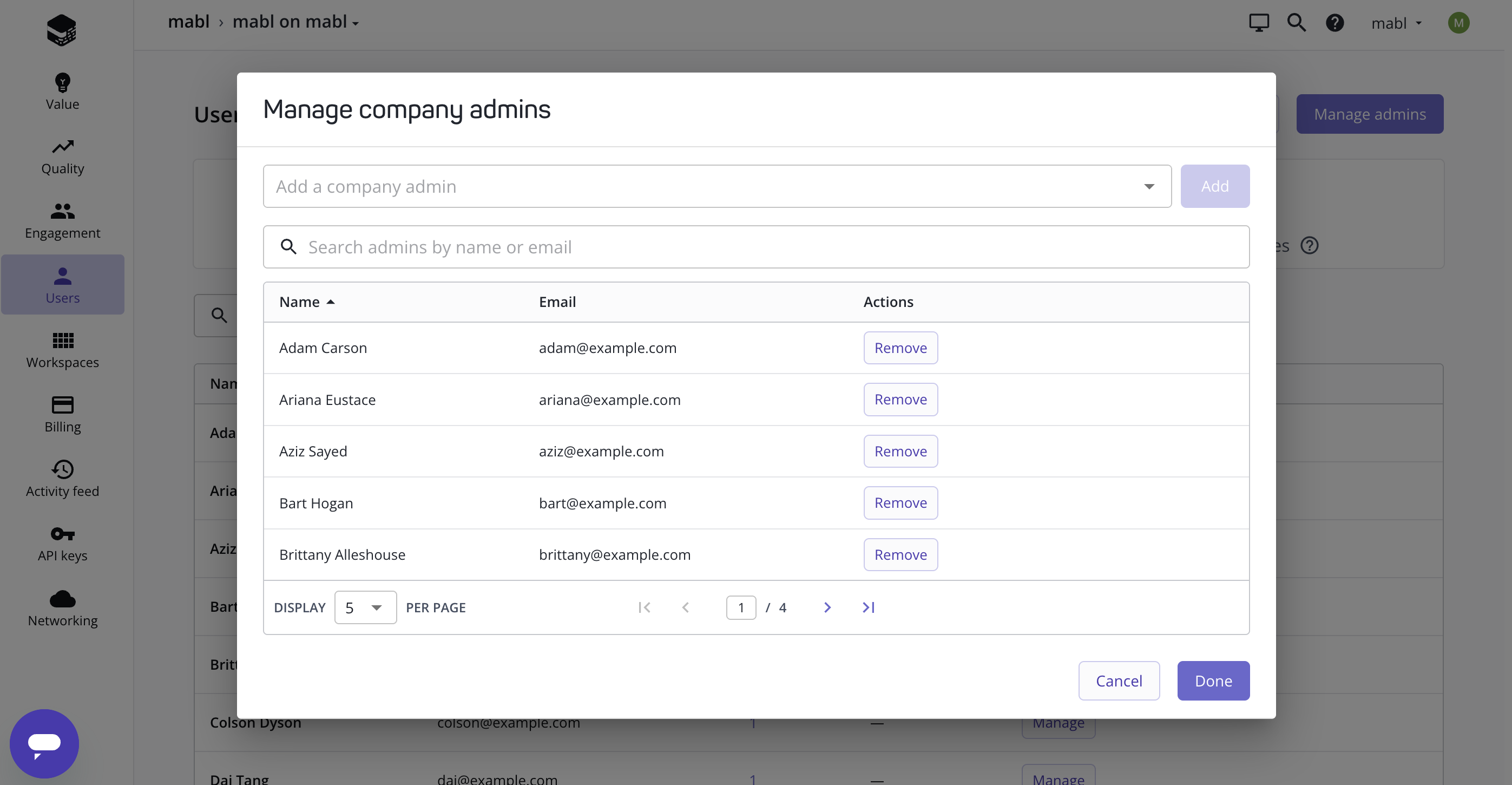 The Manage company admins dialog