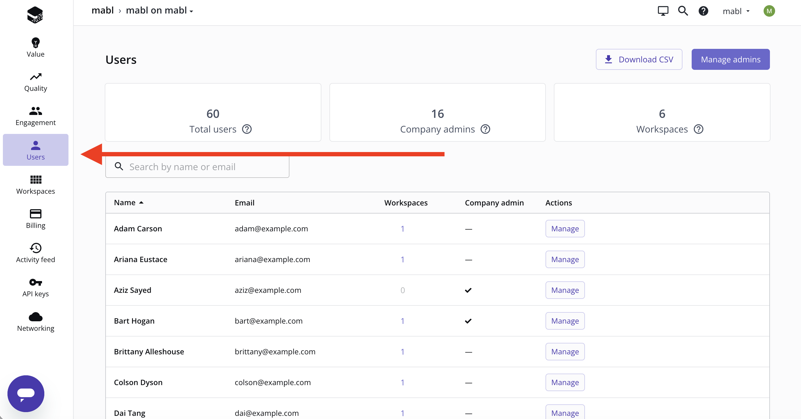 The Users page on the company dashboard