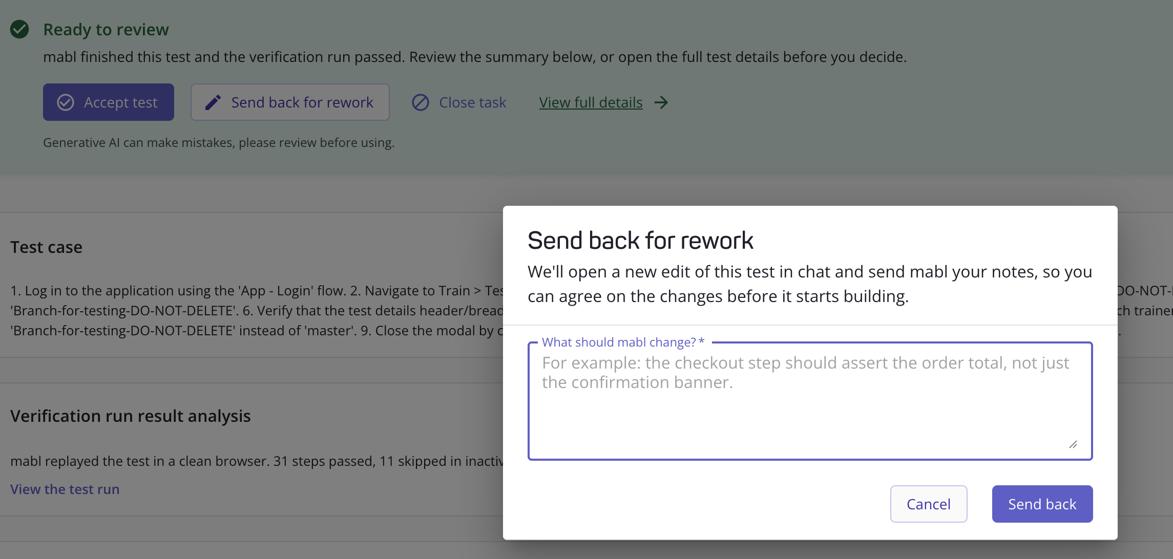The Send back for rework dialog, asking what mabl should change