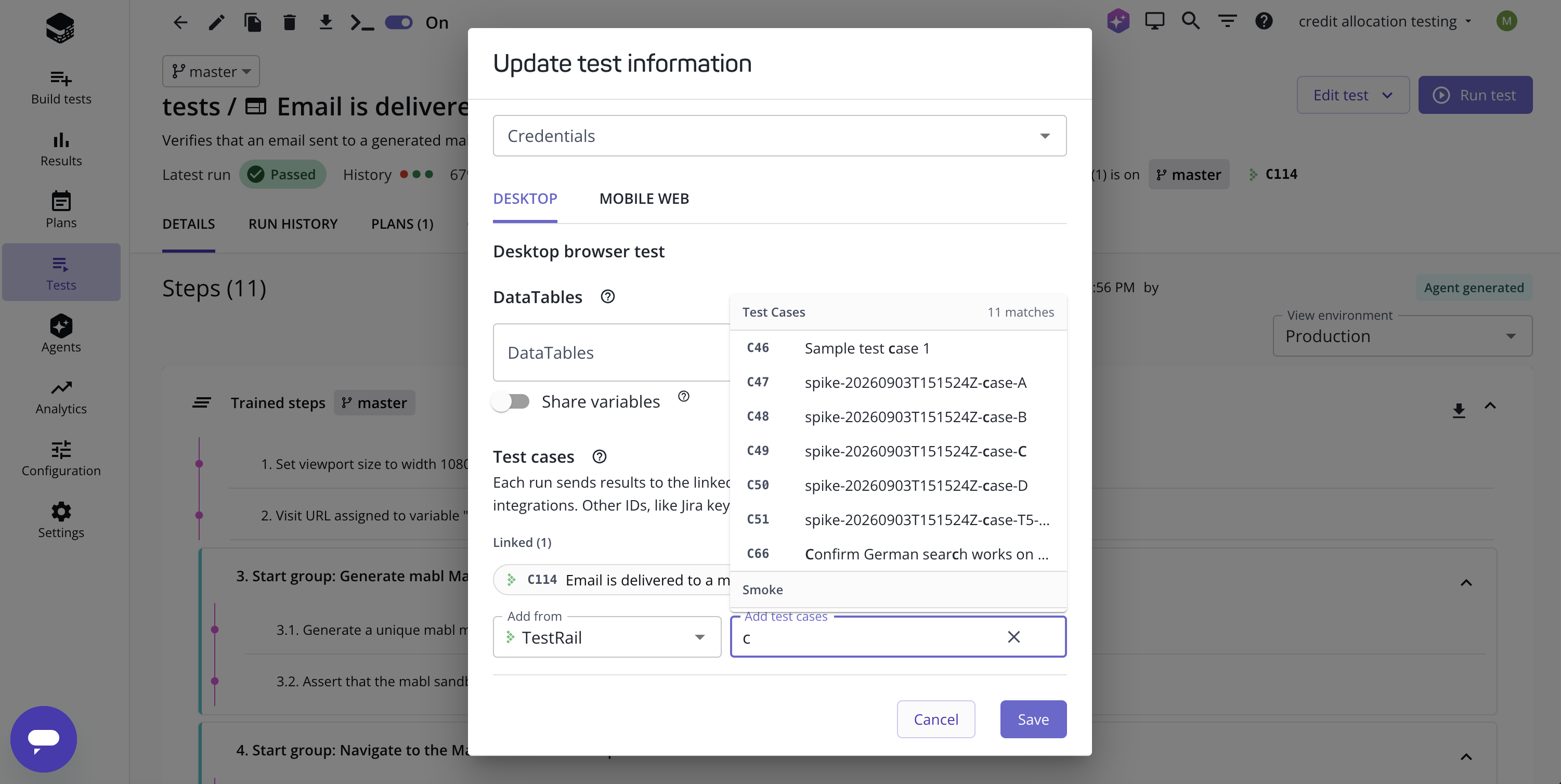 Searching TestRail cases by title in the Test cases section of the Update test information dialog