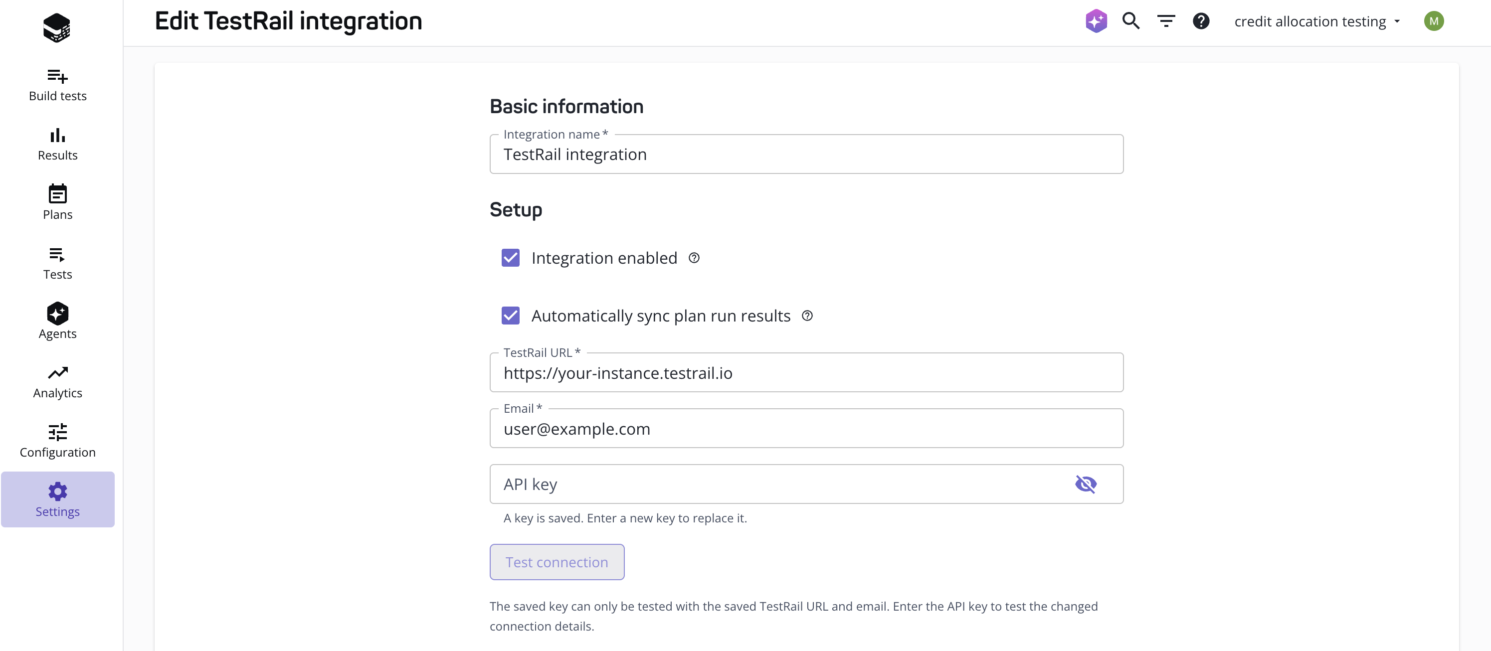 The Edit TestRail integration form, with the Setup options and the TestRail URL, Email, and API key fields