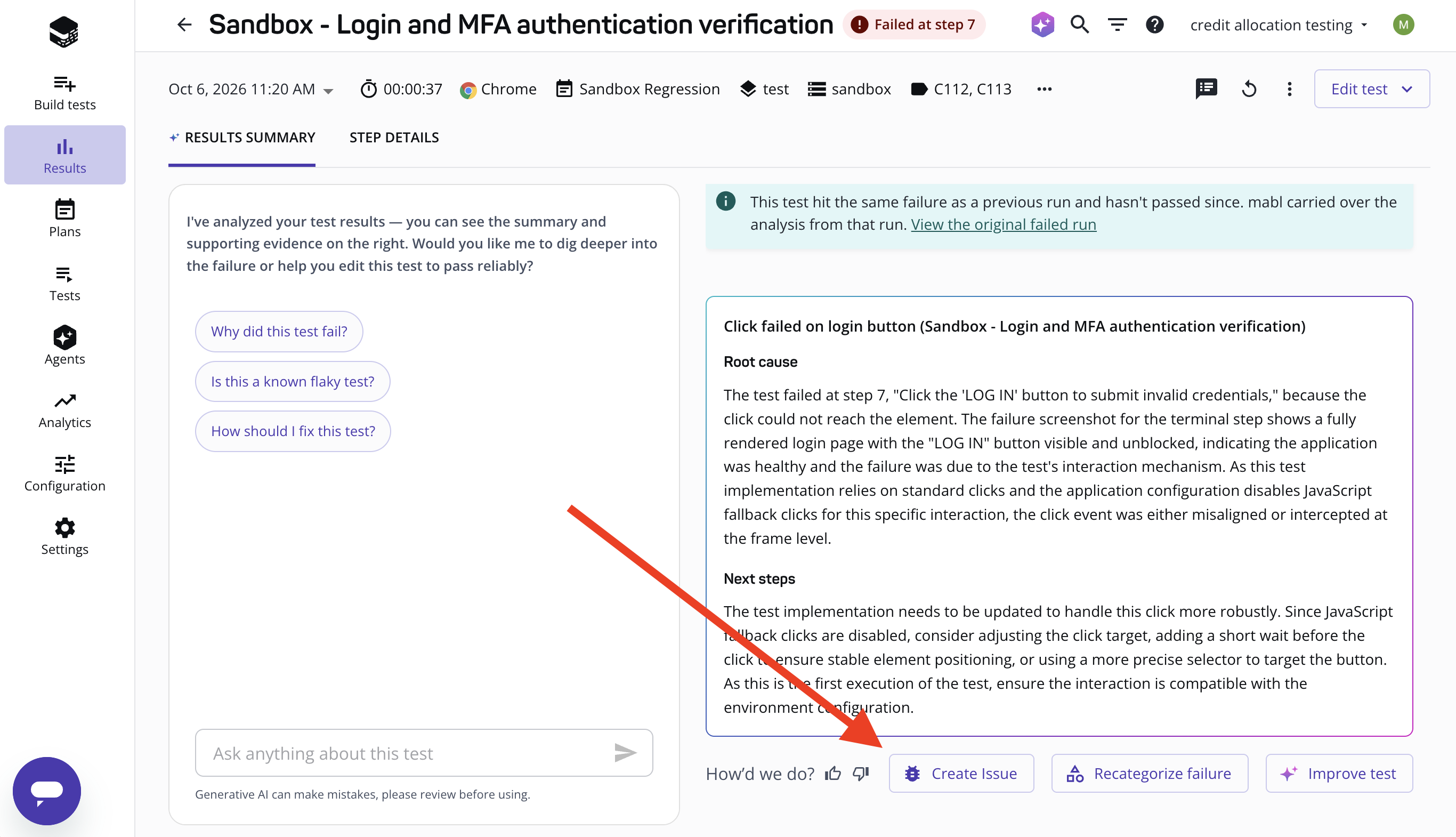 The Create Issue button below the failure analysis on a failed test run