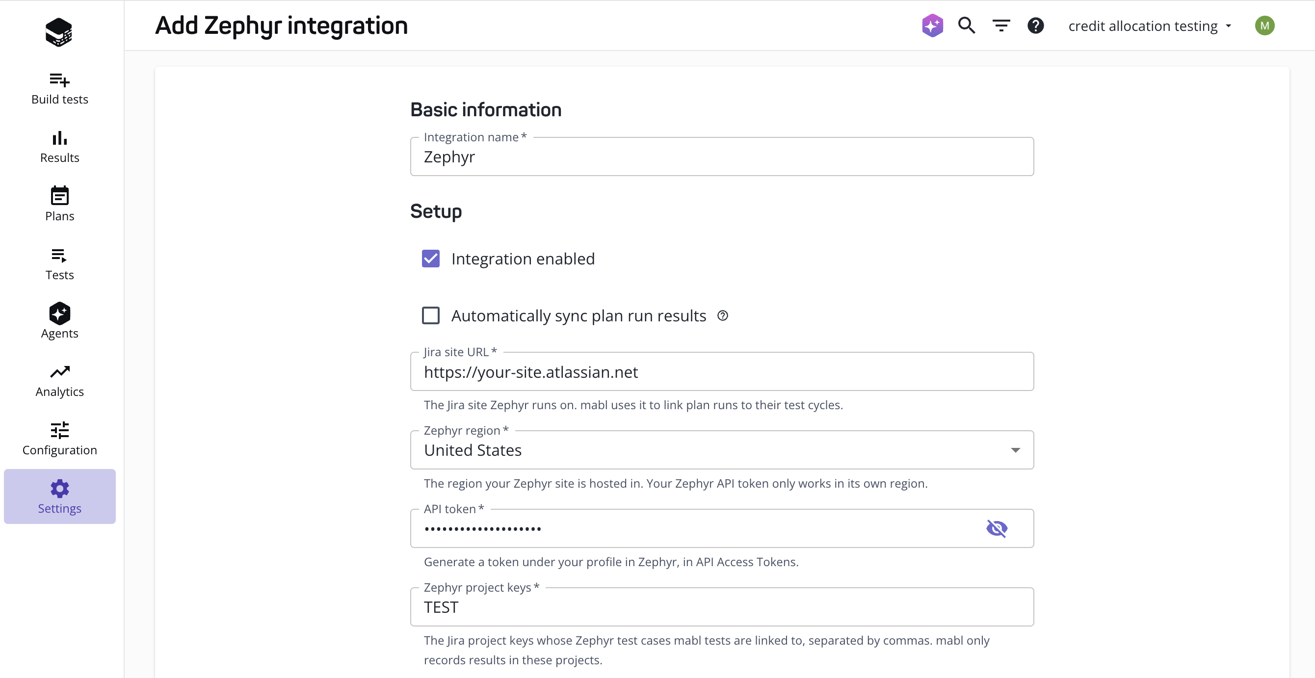 Zephyr インテグレーションの追加フォーム。Jira site URL、Zephyr region、API token、Zephyr project keys の各フィールドが表示されている