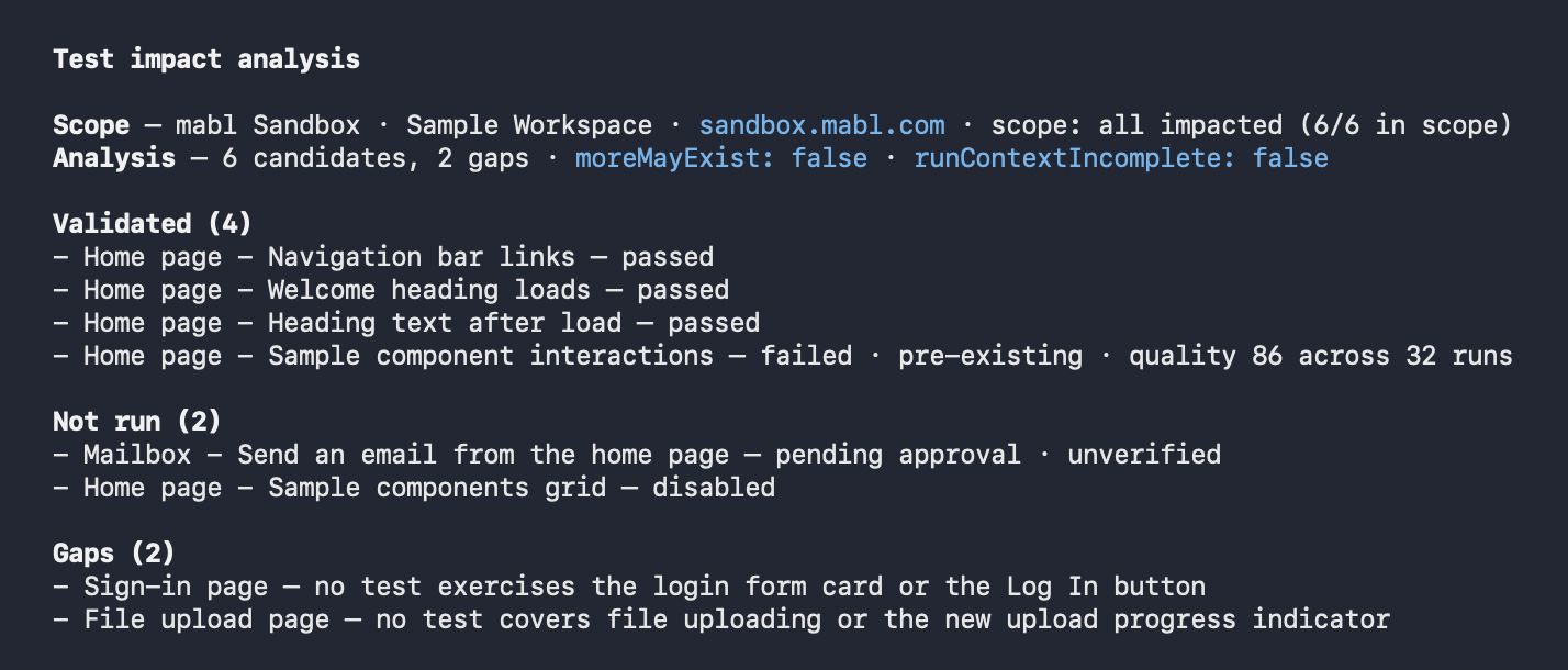 The test impact analysis summary report in a coding agent, listing validated tests, tests that did not run, and coverage gaps
