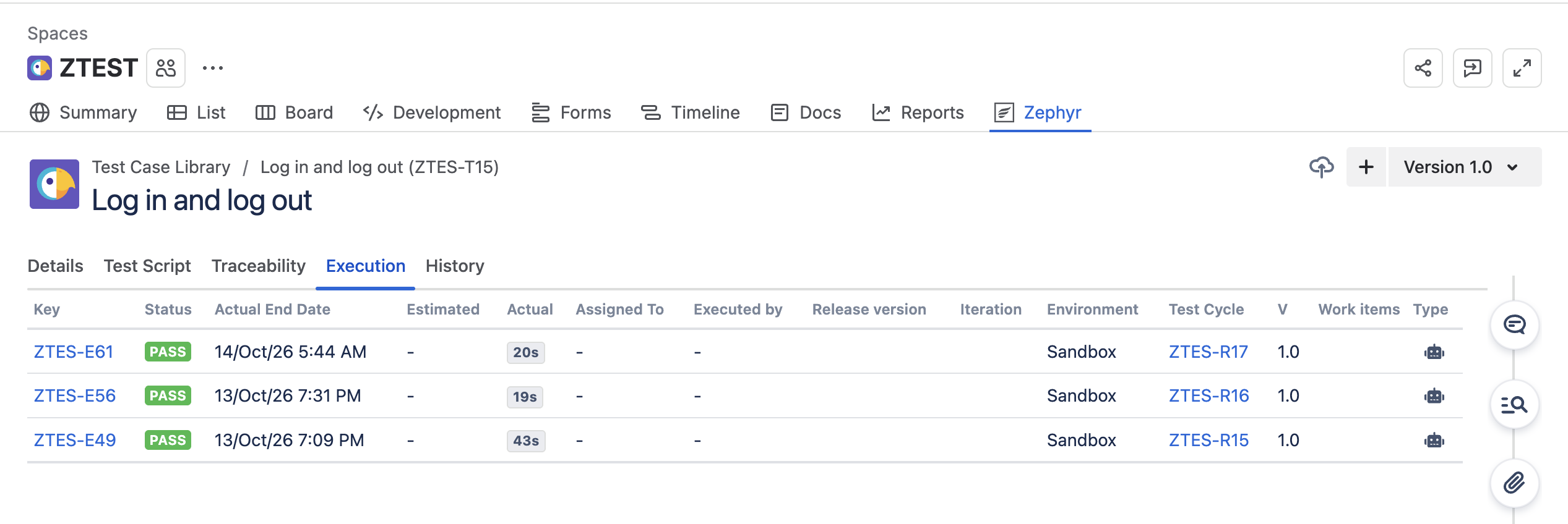 The Execution tab of a Zephyr test case, listing executions that mabl recorded with their status, end date, environment, and test cycle