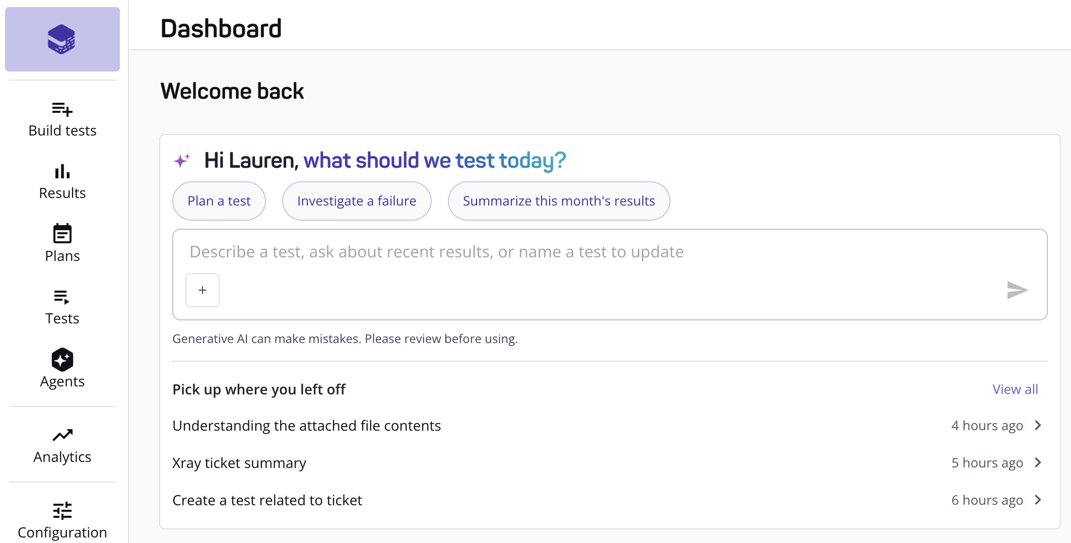 The workspace dashboard with the mabl agent prompt, suggested prompts, and the Pick up where you left off list