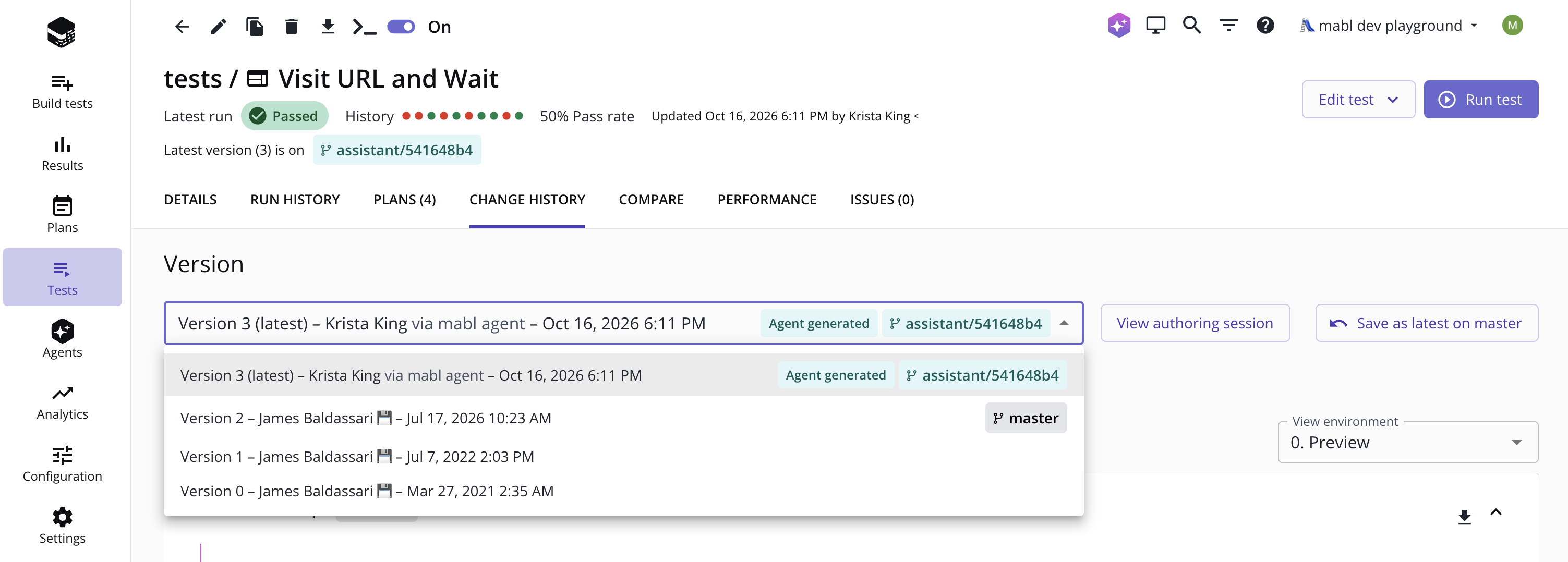 The version dropdown on the Change history tab, with an agent-saved version tagged Agent generated