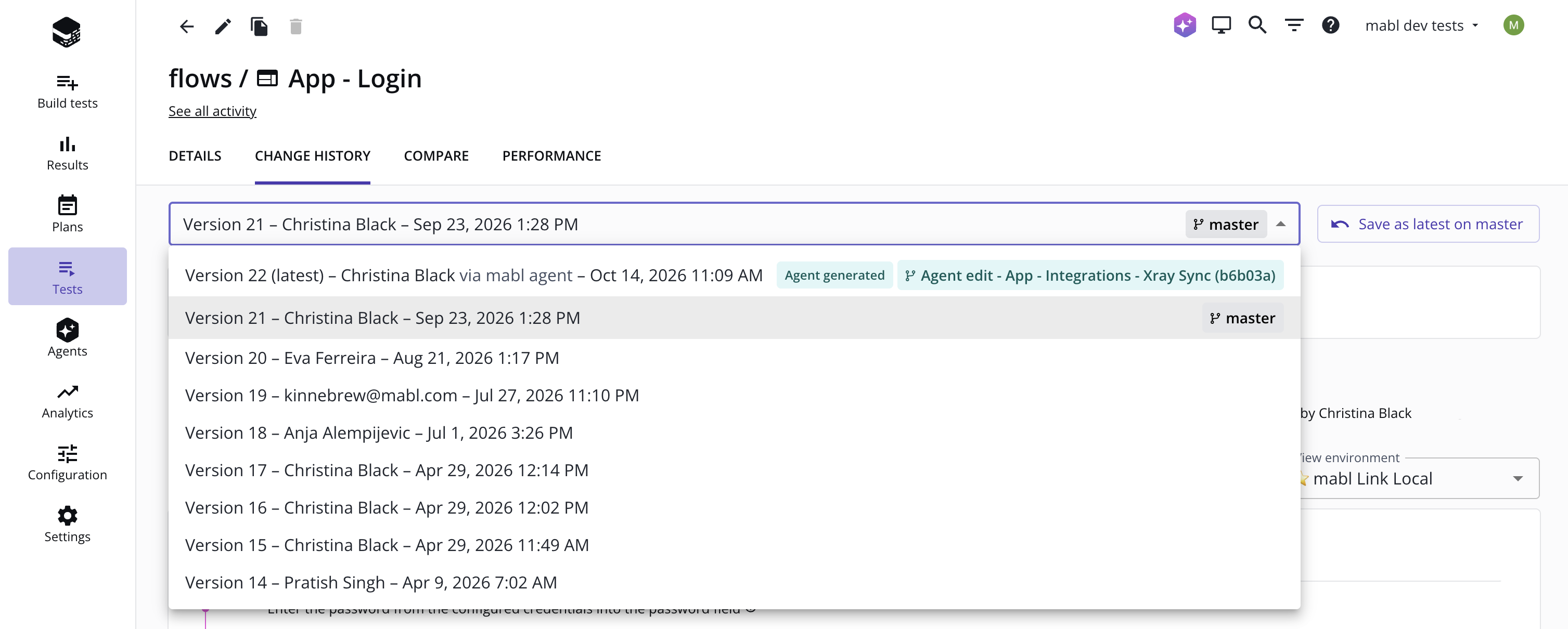 The version dropdown on a flow's Change history tab, with an agent-saved version tagged Agent generated
