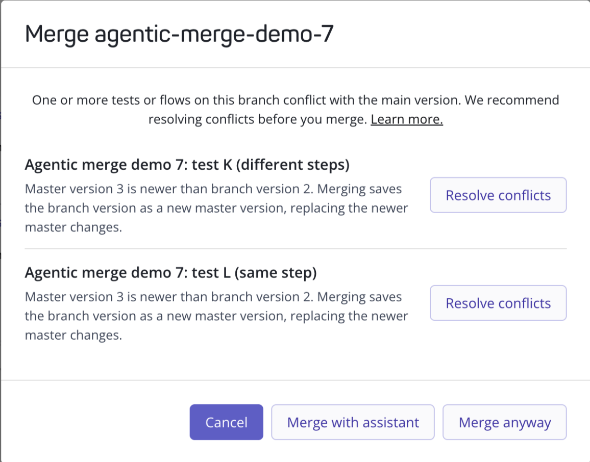 Merge dialog listing two conflicting tests, with Cancel, Merge with assistant, and Merge anyway buttons