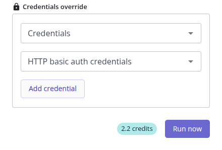 The Credentials override section of the Configure plan run panel
